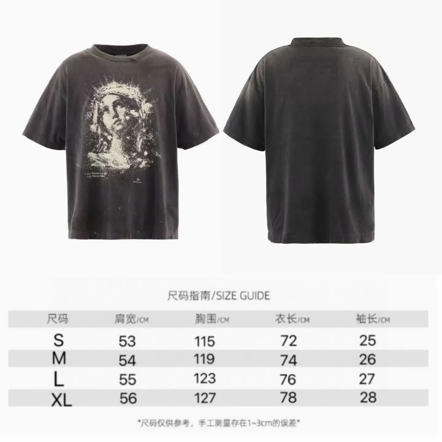❥8033#P136 Saint Mxxxxxx New luminous Jesus head is made of double yarn cotton batik fabric 280g, comfortable and breathable to wear. Full of street feel, loose fit. Craftsmanship: luminous printing + graffiti + spray coding, batik and wash. Size: (S-M-L-XL) Color: Washed black